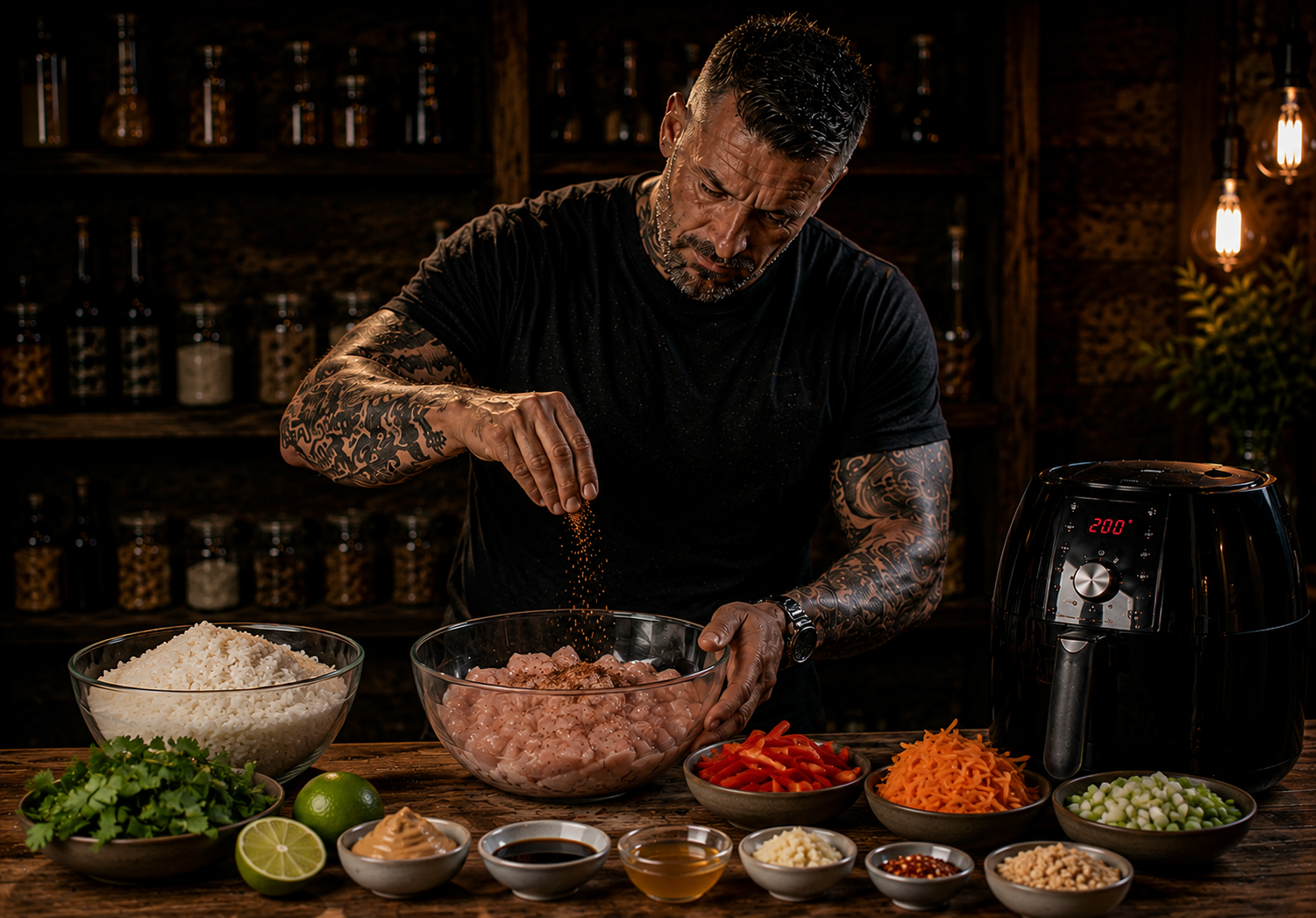 Air-Fryer Thai Peanut Chicken Rice Bowls preparation stage
